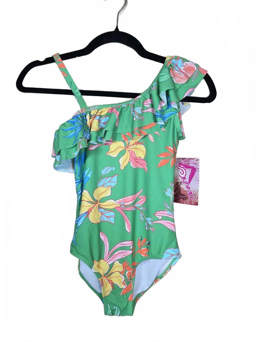 Kanu Surf Girls Floral Ruffle One Shoulder Swimsuit Spring Green Size 12